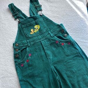 Vintage Looney Tunes 1998 Green Cotton Corduroy Overalls Girls 6/6X Tweety Bird